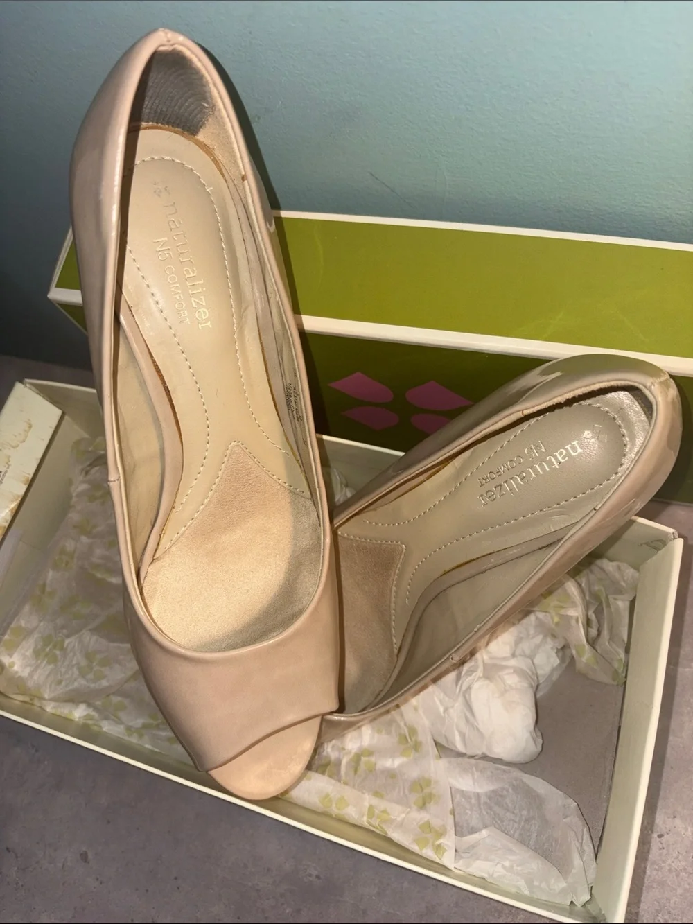 Peep-Toe Nude Patent Mid-Heel Pumps